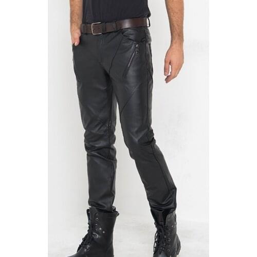 High Quality Mens Real Pigskin Bootcut Long Trousers Slim Fit Pencil Pants Plus Size Motor Biker WIndproof Genuine Leather Pants