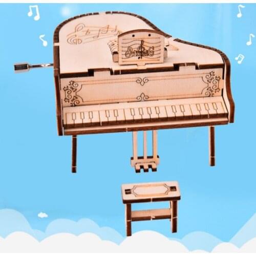 DIY 3D Hand Crank Engraved Wooden Music Box, Fun and Creative Puzzle Craft Kit, Handmade Grand Piano Model Educational Toy