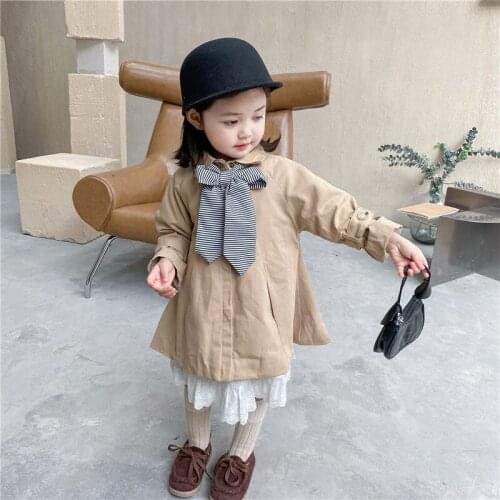 DFXD England Style Fashion Baby Girl Long Trench Coat Autumn Cotton Big Bow Single-breasted Windbreaker Girls Jackets Coats 1-7Y