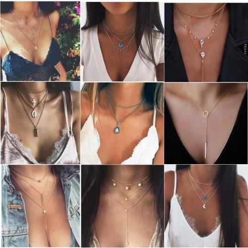 Long Chain Crystal Moon Star Round Pendant Necklaces Ethnic Bohemian Choker Necklace for Women Drop Shipping