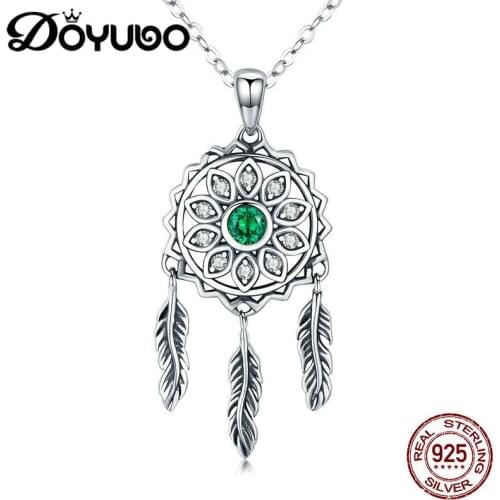 DOYUBO Vintage 100% 925 Sterling Silver Fether Pendant Necklace With Round Green Cubic Zircon Women Fashion Fine Jewelry AKK016