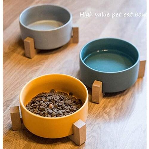HobbyLane 15.5X8cm Ceramic Cat Bowl Round Pet Food Water Feeding Bowl With Wood Frame