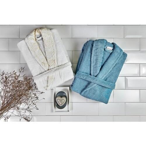 Roe Home Trella Ruched Cream-Blue Robe SET 3 BARRED from the Track WOMEN SET FAMILY COMBINED SOFT DESIGN WHITE BATH ENGLISH QUALITY