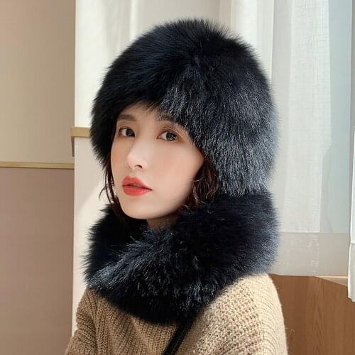 Lantafe Hat And Scarf Hat Fox Fur Suit Fluffy Hair Scarf Ring Winter Accessories Warm Multi-piece Knitted Lining Stripe Weave