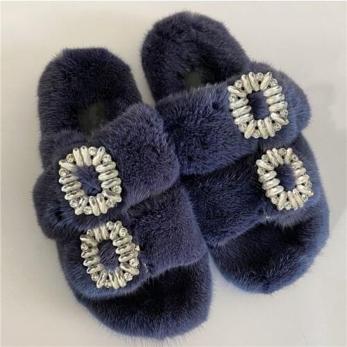 Pantiufles De Mode Pour Femmes Pantoufles En Fouerrure De Vison Pantoufles Decoratives En Cristal Blanc