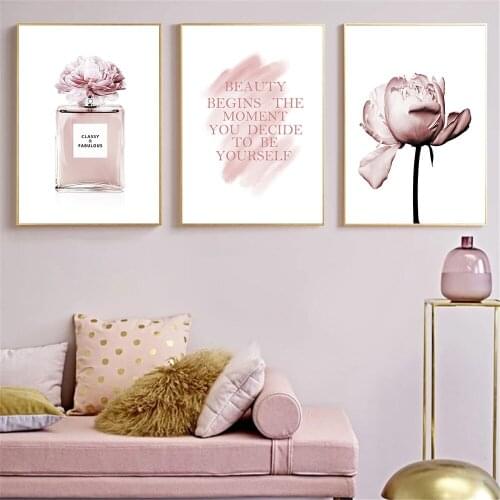 Fashion Perfume Poster And Print Modern Pink Flower Art Print Quotes Canvas Painting Nordic Wall Art Pictures Girl Room Decor