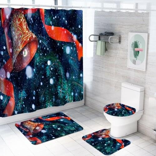 4 Pieces Red Bells Shower Curtain Set Merry Christmas Bath Sets 3D Print Happy New Year Carpet For Bathroom Cartoon Bathroom Set