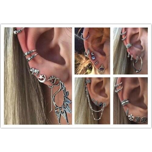 Punk Style Silver Color Earring Sets Ethnic Bohemia Ear Clip Stud Earrings For Women Feather Leaf Owl Earrings Wholesale