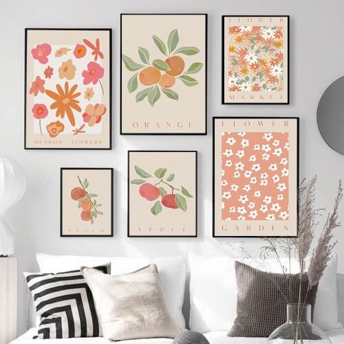 Nordic Modern Apple Orange Fruit Flower Market Leaf Wall Art Canvas Painting Vintage Posters And Prints Pictures Home Decoration