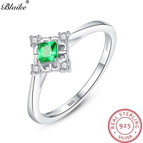 Blaike 925 Sterling Silver Rings For Women Small Square Green Emerald Stone Wedding Bands Red Ruby Zircon Thin Ring Fine Jewelry