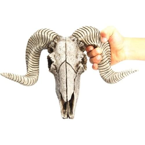 Resin Skeleton Ram Sheep Head Skull Head Wall Hanging 3D Animal Longhorn Sculpture Figurines Crafts Horns Home Decor Ornaments
