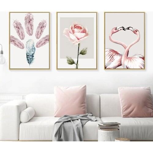 Pink Flamingo Feather Flowers Posters and Prints Wall Art Canvas Painting Nordic Decoration Pictures for Living Room Home Decor