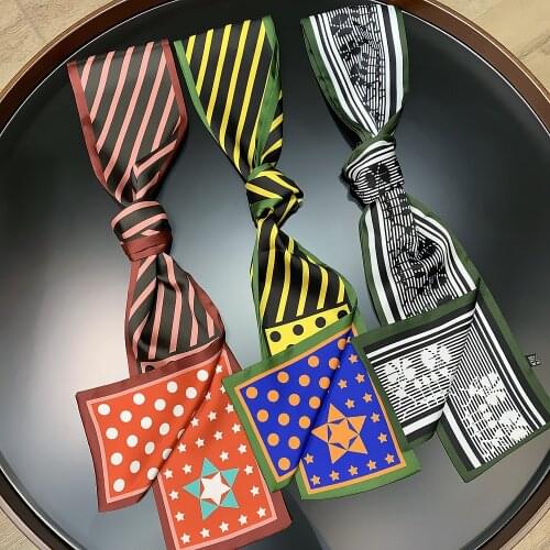 160*13cm Korean Style New Striped Polka Dot Five-Pointed Star Color Matching and Printing Twill Weave Silk Womens Long Scarves