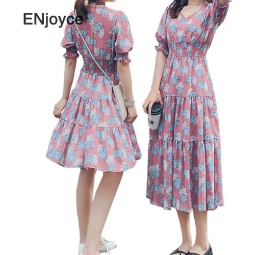 Korean Style Floral Chiffon Dress Women Sexy V Neck Puff Sleeve Dresses Ladies Elegant Couples Sister Dress Best Friend Summer