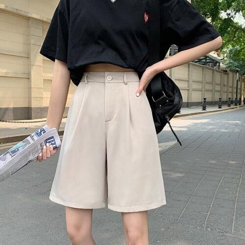 Loose Suit Shorts Women Straight Leg High Waist Zipper Button Pockets Lady Summer Clothes Casual Knee Length Shorts Japan Style