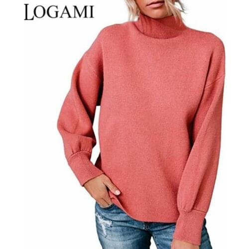LOGAMI Knit Sweater 2021 Autumn and Winter New High Neck Lantern Sleeve Sweater Women Pullover
