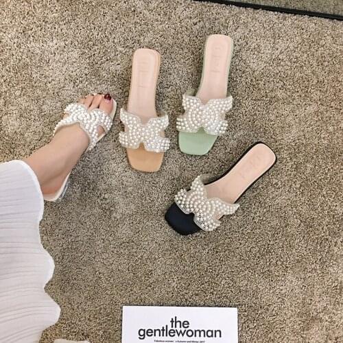 Womens Shoes Slippers Outdoor 2021 New Spring Pearl Open Toe Thick Heel Transparent Heel Fashionable Heel Shoes