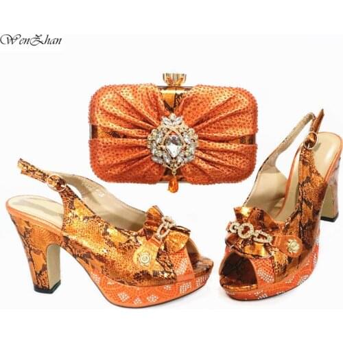 Orange African Women Shoes and Bag to Match Super High Heels 10CM with Platform Sandals Italian Lady Shoes and Bag WENZHAN 203-6