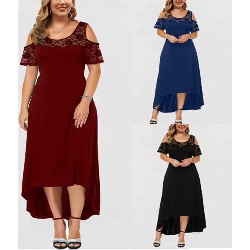 WomenS Dress Summer Simple Solid Color Casual Round Neck Strapless Lace Stitching Large Size Dress Short Sleeve Dress платье 50