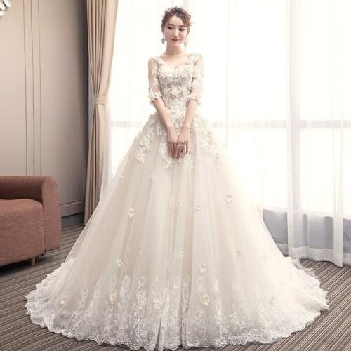 Wedding Dress 2021 Luxury Lace Embroidery Half Sleeve Sexy V-neck Up Ball Gown Princess Weeding With Train