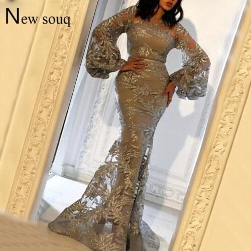 Dubai Sparkle Evening Dress Arabic Millde East Lantern Sleeve Party Gown 2019 Mermaid Sequined Formal Gowns Robe De Soiree Prom