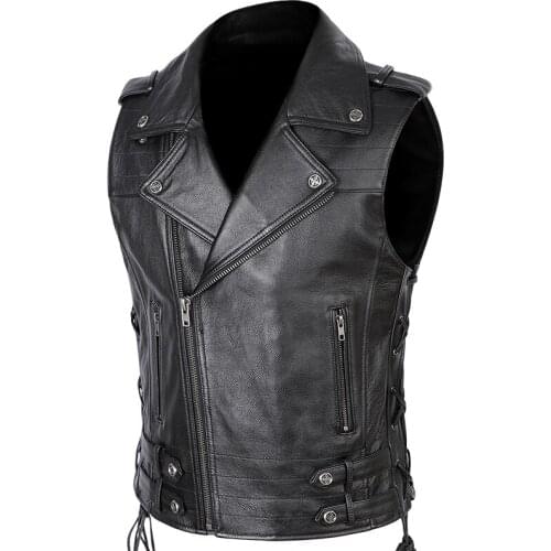 2021 New Ooblique Zipper Leather Vest Mens Motorcycle Biker Genuine Leather Sleeveless Jackets Men REAL Cowhide Vests