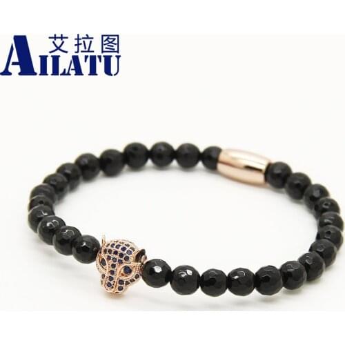 Ailatu 6mm A Grade Facted Black Onyx Stone Beads with Blue Cz Leopard Head Mens Beaded Bracelets Animal Shape