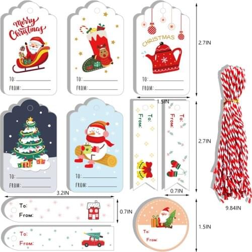 50pcs Kraft Paper Gift Tags Merry Christmas Cards Gift Label Tag with Rope Christmas Tree Ornaments Hang Tag Party DIY Decor