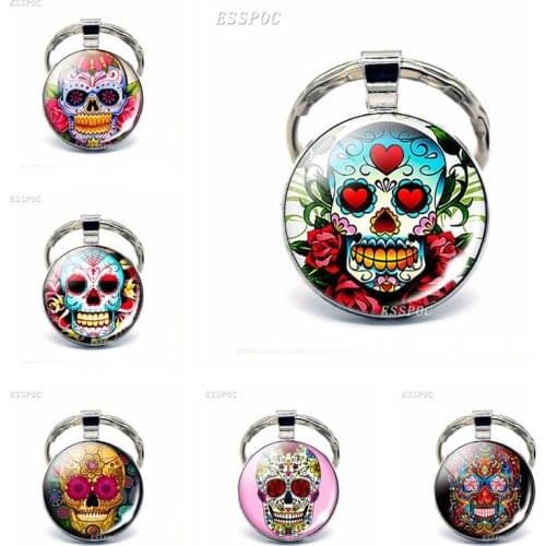 Sugar Skull Keychain Mexico Folk Art Sugar Skull Glass Pendant Metal Keyring Day of the Dead Halloween Gift Jewelry Gifts