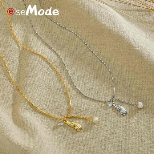 ELSEMODE Vintage Stainless Steel Feather Necklaces High Quality Pearl Crystal Women Elegant Choker Jewelry Engagement Gifts