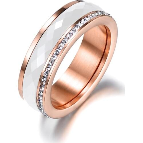 Classic Titanium Steel White Ceramics Rings Jewelry Gold Color Cubic Zirconia Wedding Engagement Rings For Women R18056