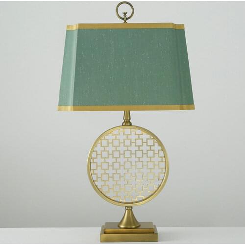Chinese Classical Zen Golden Table Lamps Green Fabric Art Deco Bedroom Living Room Bedside Desk Lamp Villa Study Light Fixtures