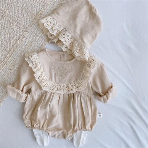 Vintage Flower Embroidery Girls Lace Romper Spring Fall Cotton Linen Bodysuit for Toddler Girls Clothing Set Children Outfits