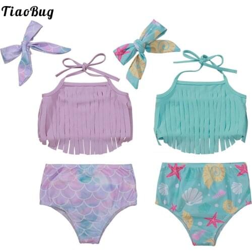 TiaoBug Summer 3Pcs Kids Girls Swimming Suit Halter Neck Straps Tops With Ocean Animal Fish Scales Print Shorts and Headband Set
