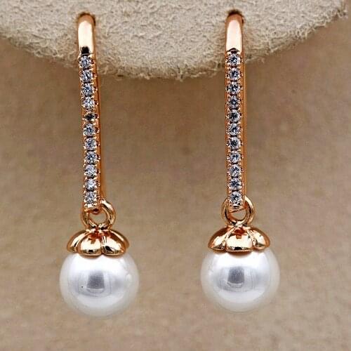 Trendy Gold Plated Copper Simulated-Pearl Drop Earrings For Women Fashion Jewelry Birthday Wedding Anniversary Gift