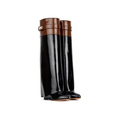 Fashion Lady Wedge Shark Lock Motorcycle Boots Over Height Increasing Boots Female Knee High Boots Slip-On