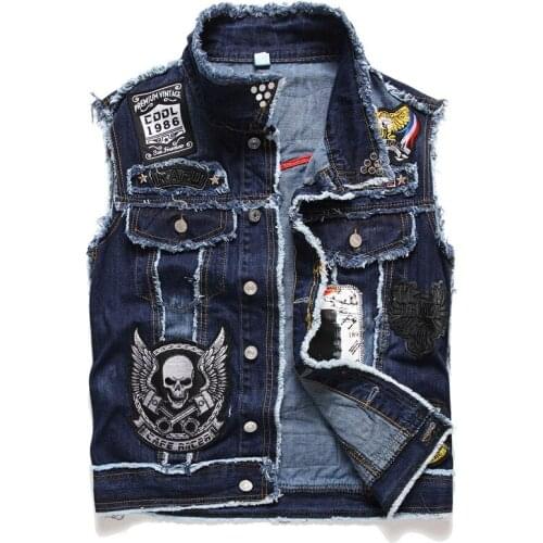 2021 Mens Denim Jacket Vest Casual Embroidery SkullWashed and Distressed Coat Youth Denim Mens Jacket