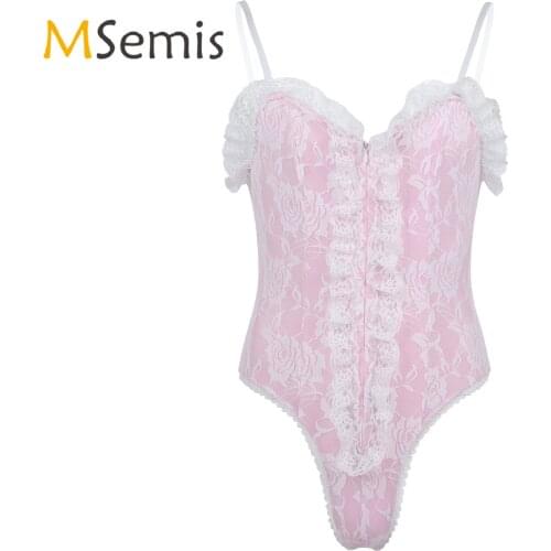 Mens Sissy Lingerie Bodysuit Adjustable Spaghetti Shoulder Straps High Cut Ruffle Lace Teddy Bodysuit Nightwear Sleepwear