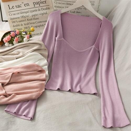 New Women Sexy U-Neck Elegant Knitted Sweater Korean Style Chic Basic Undershirt Autumn Winter Pullover Jumper Pull Femme Hiver