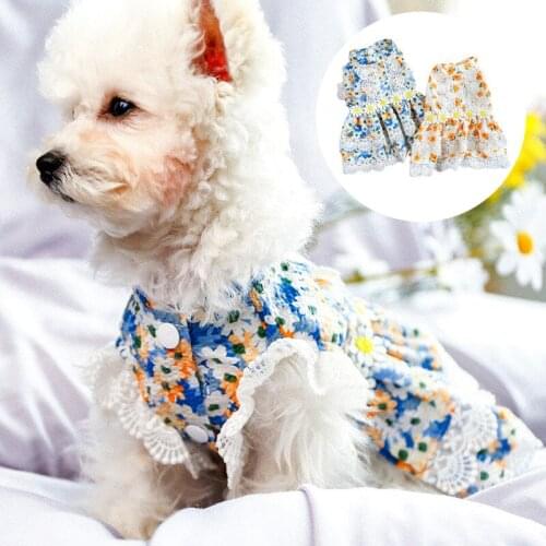 Pet Clothes Spring And Summer New Products Sun Flower Skirt Blue Small Floral Breathable Lace Skirt Cat And Dog Clothing