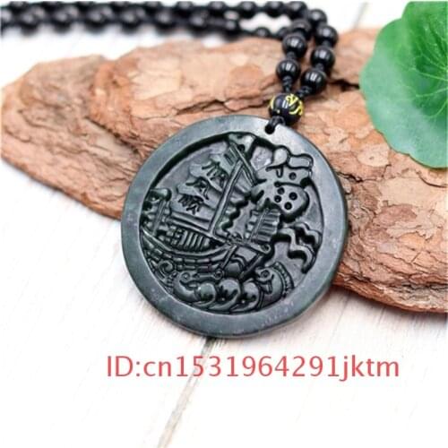 Pendant Chinese Amulet Men for Obsidian Natural Necklace Black Gifts Jewelry Green Accessories Carved Charm Jade sailboat