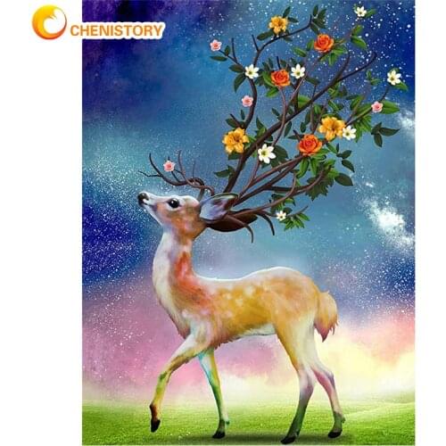 CHENISTORY 60x75cm Frame Picture Painting By Numbers Kits Flower Deer Acrylic Wall Art Home Decors Coloring By Numbers For Diy G