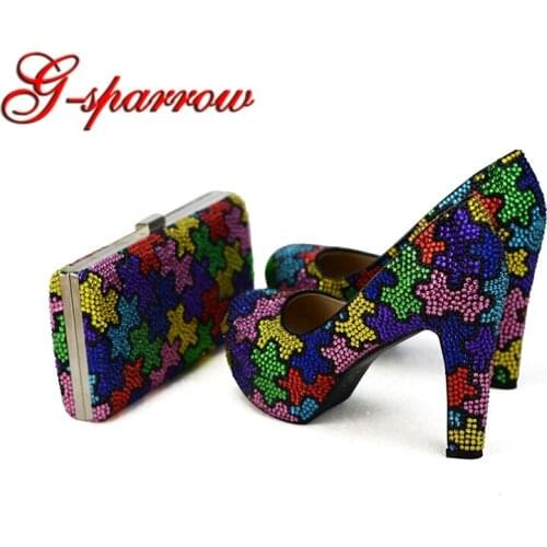 Handmade Multicolor Chunky Heel Bridal Wedding Shoes with Clutch Craftsman Women Party Prom Dress Shoes with Matching Bag