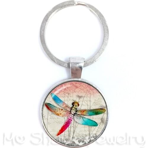 Dragonfly Keychain Glass Cabochon Vintage Dome Charm Keyring Dreamer Handmade Men Keyholder Gift