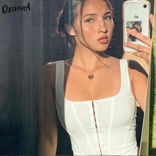 OrangeA summer women sleeveless corset Asymmetry crop tops low-neck button solid fashion casual streetwear female camisole vest