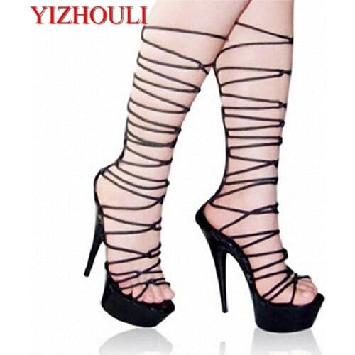 Comfortable and sexy suede, Roman strappy sandals, with thick waterproof table 15 cm high sandals, stage Dance Shoes