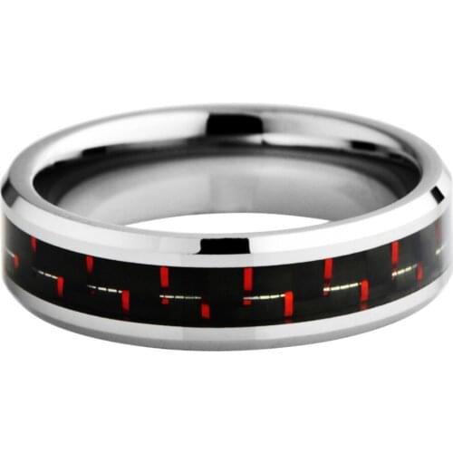 Tungsten Band Inlaid with a Black & Red Carbon Fiber Ring custom engrave available