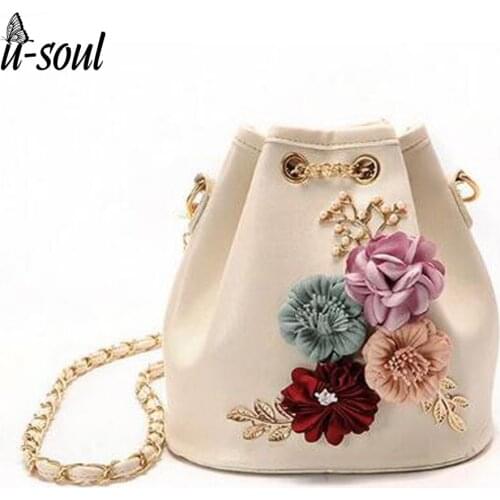 Womens chain Handmade Flowers bucket bag shoulder bag Drawstring Crossbody Bags Pearl Wallet Casual Mini Messenger Bags A10349