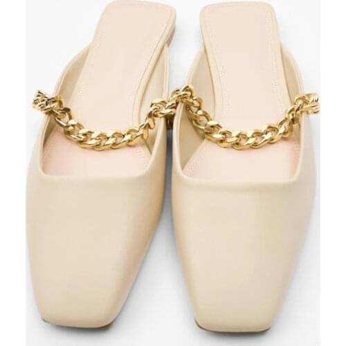 ZAR 2021 Summer New Beige Fashion Square Toe Flat Sandals Sexy Metal Chain Outer Wear Muller Sandals And Slippers Women Luxury