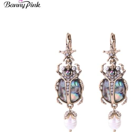 Banny Pink Vintage Alloy Insect Fish Clip Earrings For Women Elegant Cultured Pearl Pendant Earrings Fashion Jewelry Pendientes
